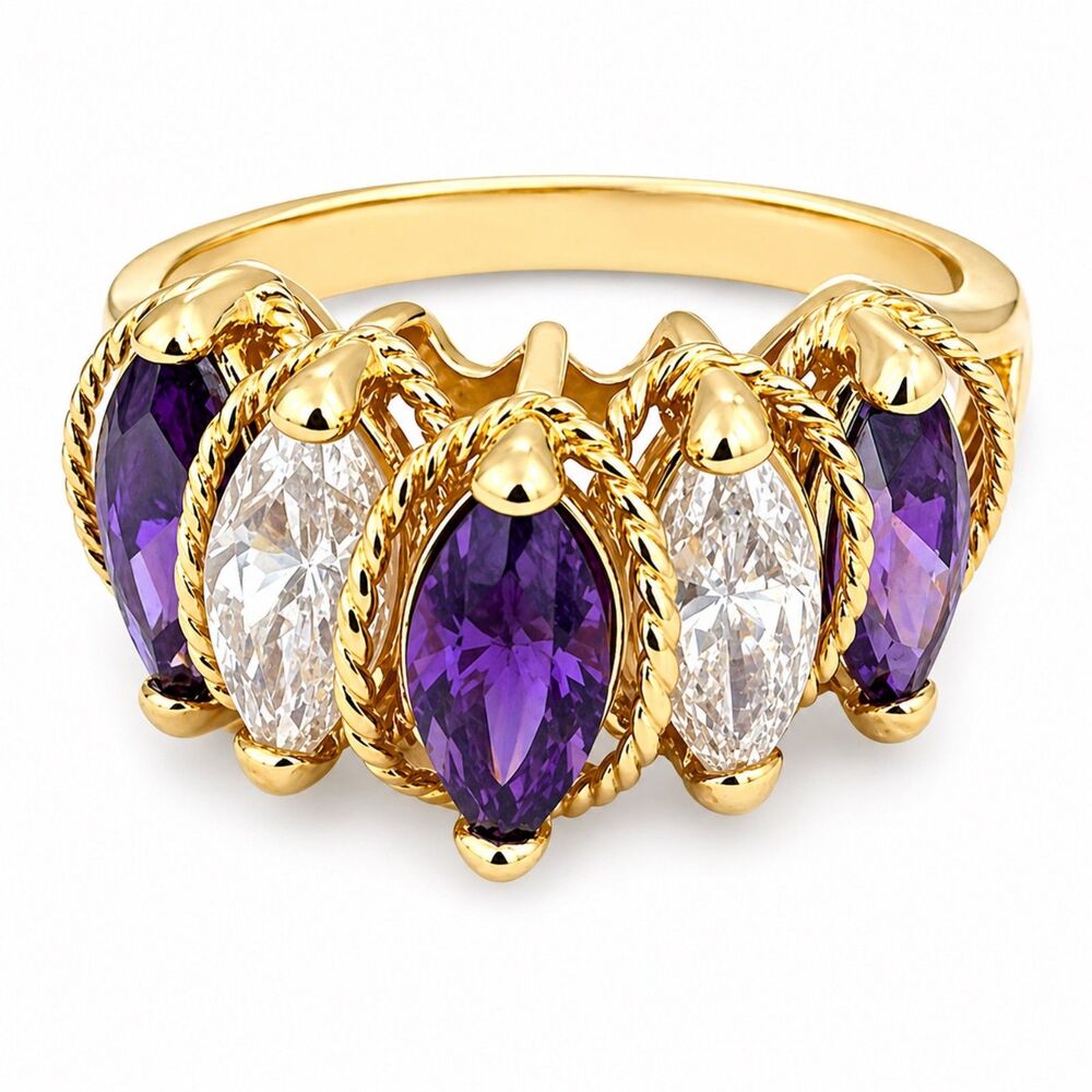 Vintage 1990s Purple CZ Ring D. Gioielli Size 9 18K Gold Plate Cocktail - 14F